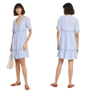 Mini Vestido Knox Rose S Crochet Bordado Cuello en V Manga Corta Azul BOHO NUEVO CON ETIQUETAS - Imagen 1 de 7