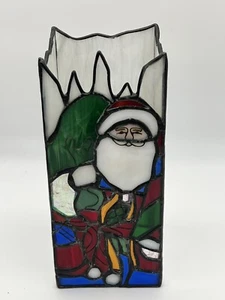 Vintage Leaded Stained Glass Santa Christmas Candle Holder Luminary Four Sided - Picture 1 of 7