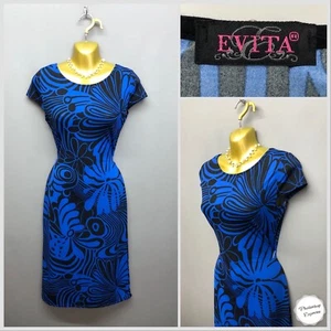 Vestido EVITA Negro y Azul Jersey Wiggle Reino Unido 10 EUR 38 EE. UU. 6 Hecho en el Reino Unido - Imagen 1 de 11