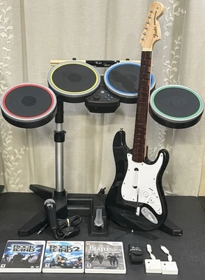 Nintendo Wii Rock Band Drum Set Kit BUNDLE Lot Guitar Drums Dongles 3 Games Mic. - Image 1 of 4
