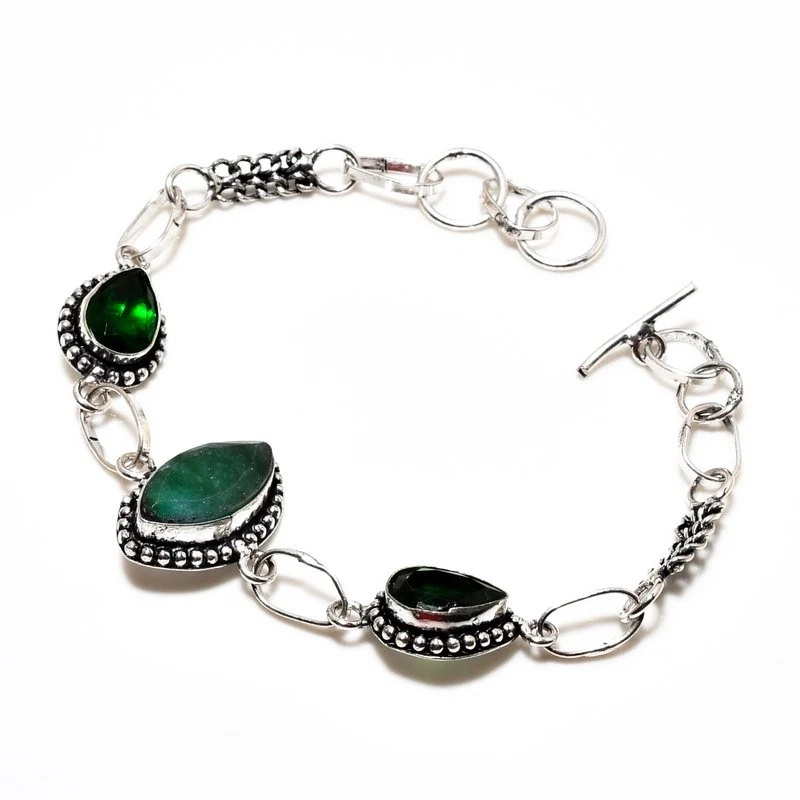 Brazalete enchapado en plata 925 con piedras preciosas de diopsido esmeralda (simulada), 6-8" Foto 1 de 1