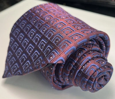 Barneys New York Silk Geometric Burgundy Purple Blue Hand Made 3.75”x59.5” Italy Foto 1 de 4