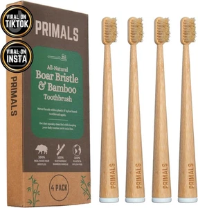 PRIMALS Boar Bristle & Bamboo Toothbrush (4-Pack) - Premium Boar Bristles - Picture 1 of 5