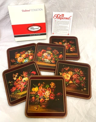 VTG Set of 6 Pimpernel Coasters Cork Backed Flemish Flowers- Made in England - Image 1 of 4