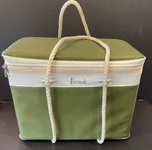 Vintage Harrods tote cooler lunch box bag green with rope handles 11x6x9”T - Picture 1 of 10