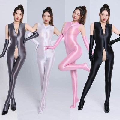 Womens Satin Shiny Tank Top Bodysuit One piece Jumpsuit-2 Zipper + Glossy GLOVES - Photo 1/4