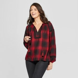 Women's Plaid Long Sleeve Flannel Popover - Knox Rose Red XS - Picture 1 of 5