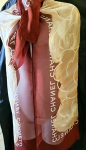AUTHENTIC CHANEL NEW RARE 100% SILK CHIFFON CAMELLIA CC LOGO PRINT SCARF 34"X34" - Picture 1 of 12