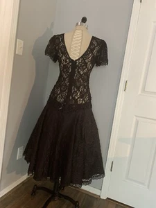 Vintage 80s Sheer Black Lace Sequin Party Dress Gothic Glam Prom New Wave Punk M - Picture 1 of 10