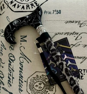 LADIES BLACK PEARL DIAMOND HANDLE SNOW LEOPARD RHINESTONES BLING ADJUSTABLE CANE - Picture 1 of 4