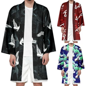 Men Haori Kimono Yukata Longline Happi Jacket Cardigan Shirt Robe Crane - Picture 1 of 13
