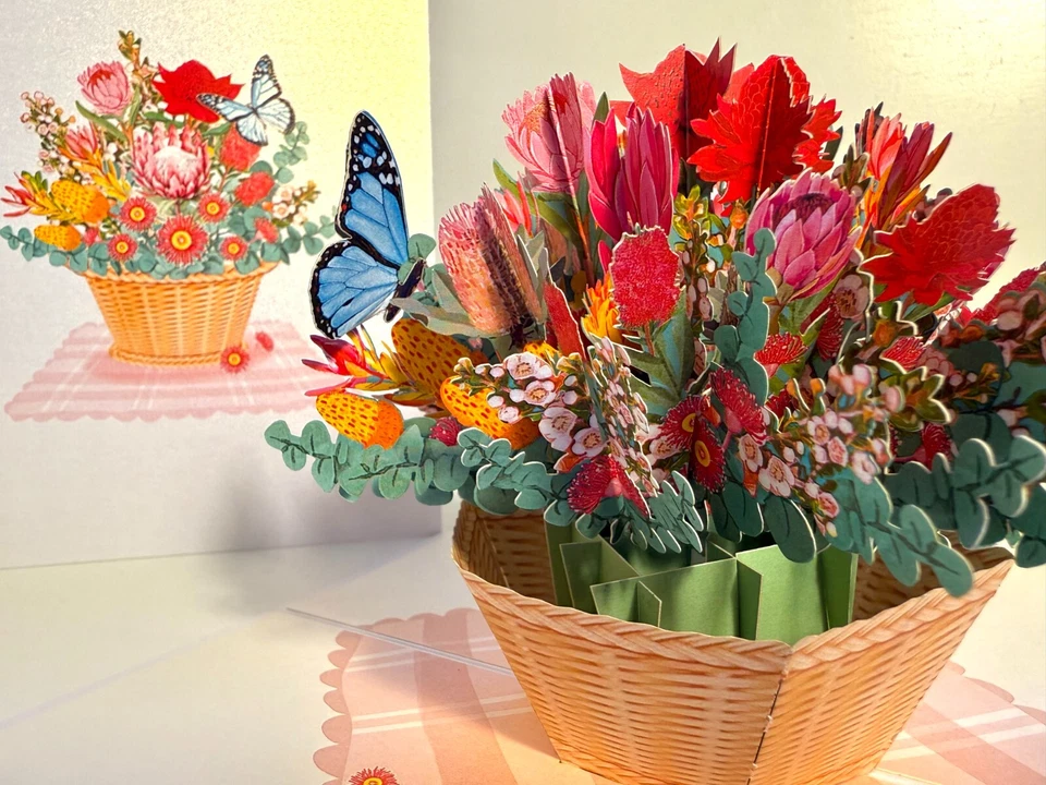ORIGAMI POP CARDS Australian Native Flower Basket Butterfly Thank You 3D Pop Up - Image 1 of 4