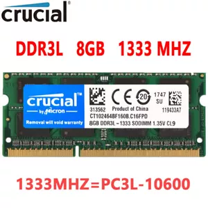 Crucial DDR3L 8GB 1333 MHz SODIMM PC3L-10600 204-Pin Laptop Memory 1.35V 1X8GB - Picture 1 of 9