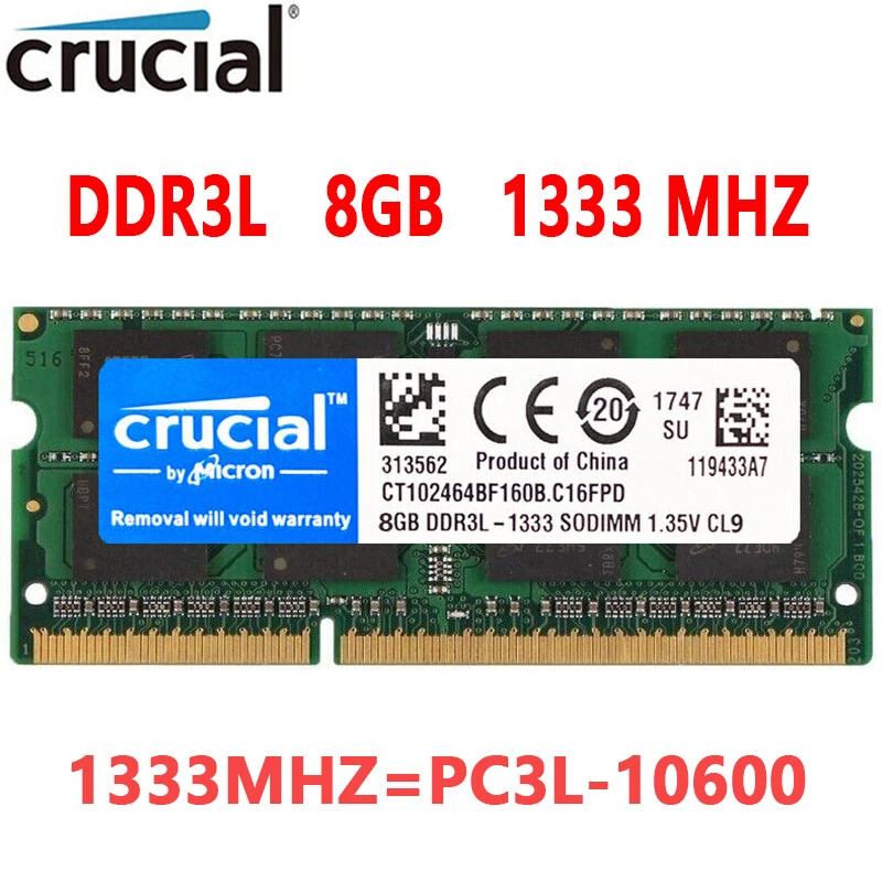 Crucial DDR3L 8GB 1333 MHz SODIMM PC3L-10600 204-Pin Laptop Memory 1.35V 1X8GB - Image 1 of 4
