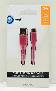 Onn Charger~3 ft~Sync and Charge Cable, With USB to MICRO-USB~Pink - Picture 1 of 3