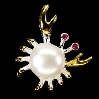 Colgante de plata de ley 925 redondo rubí perla piedras preciosas naturales cangrejo joyería Foto 1 de 4