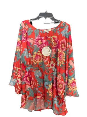 UMGEE + Top para mujer 1X sedoso brillante floral manga kimono tropical sedoso peplum Foto 1 de 4