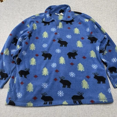 Vintage Cherokee Fleece 1/4 Zip XL Blue Moose All Over Print Pullover Winter Y2K - Image 1 of 4