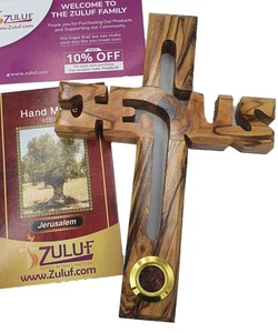 6" Olive Wood Wall Cross Christian Jesus Handmade Hanging Crucifix with Soil ... - Picture 1 of 8