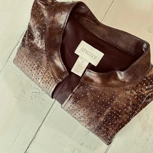 Chicos Bronze Metallic Rhinestone Snakeskin Print Jacket Size 3 - Picture 1 of 9