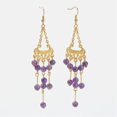 Pendientes araña plumero hombro 4" chapados en oro con piedras preciosas de amatista natural Foto 1 de 2