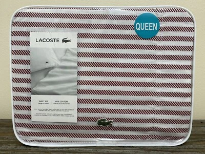 Lacoste Advantage Easy Care Red & White Dash Stripe Queen 4PC Sheet Set NEW - Image 1 of 4