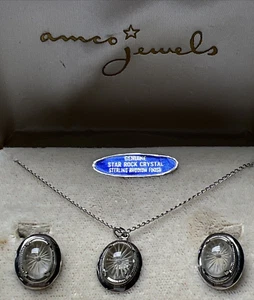 Vtg Amco Jewels Star Rock Crystal Earrings Necklace Box Sterling Silver Rhodium - Picture 1 of 12