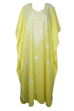 Lime Yellow Floral Maxi Kaftan Embroidered Kimono Sleeves Summer Holiday Dresses