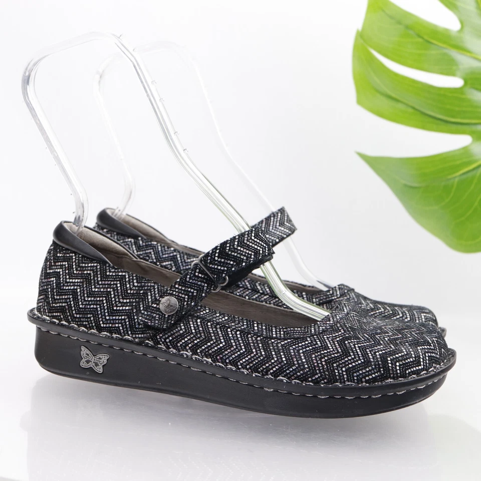 Zapato zueco Alegria Belle MaryJane para mujer talla 39 9 Ric Rac negro plateado de cuero Foto 1 de 4