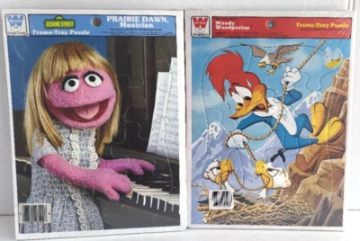 Quebra-cabeças vintage da década de 1970 Sesame Street Prairie Dawn & Woody Woodpecker Frame Tray - Imagem 1 de 4