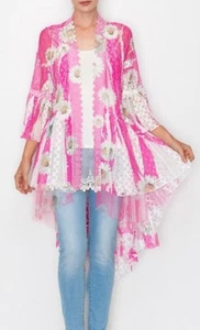 new ORIGAMI cardigan LACE BOHEMIAN WESTERN DUSTER WRAP SM-4XL KIMONO daisy Pink - Picture 1 of 9