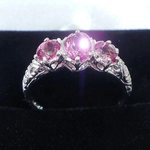 Antique Style 9ct White Gold Hot Pink Topaz Three Stone Ring, Size N - Picture 1 of 12