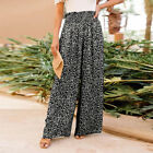 Womens Summer Casual Loose Wide Leg Pants Floral Holiday Elastic Waist Trousers