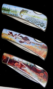 Vintage 3 Pocket Knife Sportman Set - DEER / FISH / DUCK - includes Display Box - Picture 1 of 8