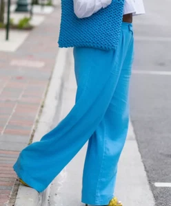 A New Day blaue Leinenmischung Hose 6 gebraucht weites Bein Plissee dehnbarer Rücken cerulean - Bild 1 von 15
