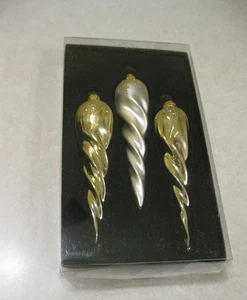 Set 3 Vintage-Style Glass Icicle Twist Christmas Ornaments 2 Gold & 1 Tan Swirl - Picture 1 of 4