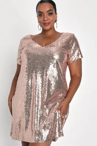NWT LULUS Light Up the Night Sequin Shift Dress Plus Size 3X Champagne  - Lined - Picture 1 of 5