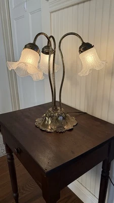 VTG Brass Lily Pad Gooseneck Lamp Art Nouveau Style Frosted Flower Triple Light - Image 1 of 4