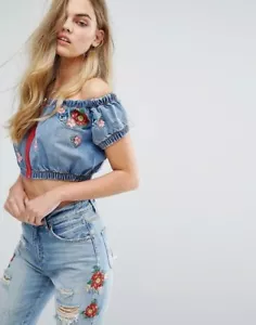 House Of Holland X LEE Denim Embroidered Cropped Zip Puff Sleeve Top Guess Style - Picture 1 of 8