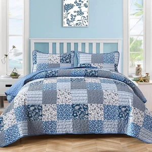 Blue Boho Quilt Set Queen Size 3 Pieces Plaid Floral Bedspread Coverlet Set New - Picture 1 of 6