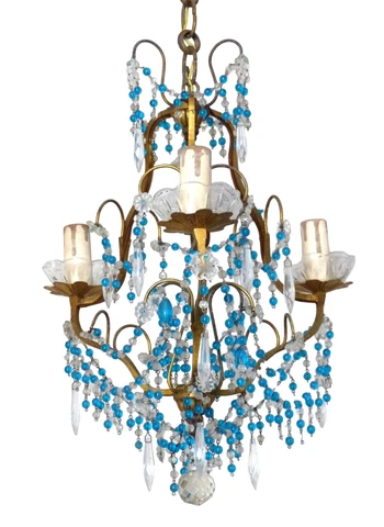 Vintage Chandelier Blue Drops Flowers Prisms Beads 1940 Italian Gilded  3 Lights Cover