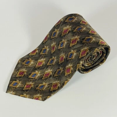 Corbata JZ Richards 100 % seda marrón geométrica ancha hecha a mano en EE. UU. 4” de largo Foto 1 de 4