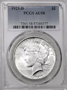 1923-D Peace Silver Dollar PCGS AU58 White Great Luster PQ for the grade #E609K - Picture 1 of 4