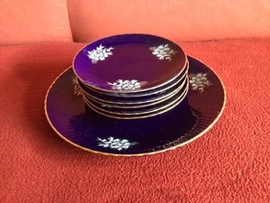 VINTAGE SERVICE KOBALTBLAU MIT GOLDENEM RAND, MIT BLUMENMUSTER  - Bild 1 von 5