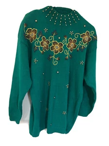 Victoria Jones M grün Strick Mock Rollkragen Langarm Pullover Perlen Perlen - Bild 1 von 10