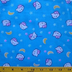 38"L x 35"W Hello Kitty Moon Star Tossed on Blue Cotton Fabric