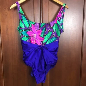 Oscar De La Renta Vintage Retro Floral Purple Multicolor Swimsuit Women Size 14 - Picture 1 of 9