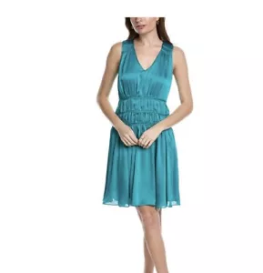 Trina Turk Womens Islander A Line Dress Turquoise Ruched V Neck Cocktail 6 New - Picture 1 of 5