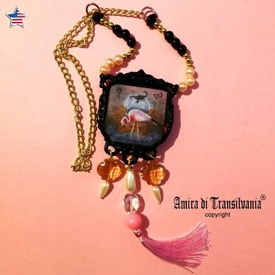 Pink Flamingo Scorpion Sign Zodiac Horoscope Pendant Jewelry Crystal Charm Chain - Image 1 of 4