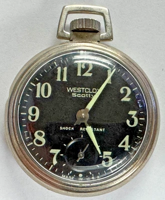 VTG Westclox Scotty Black Face Pocket Watch. Manual Winding - Glow In Dark works - Image 1 of 3